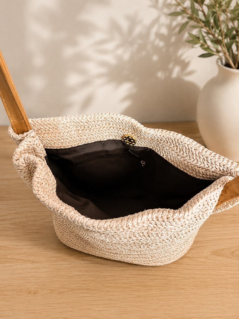Cream Woven Shoulder Bag with Tan Leather Straps - Picture 3 of 3